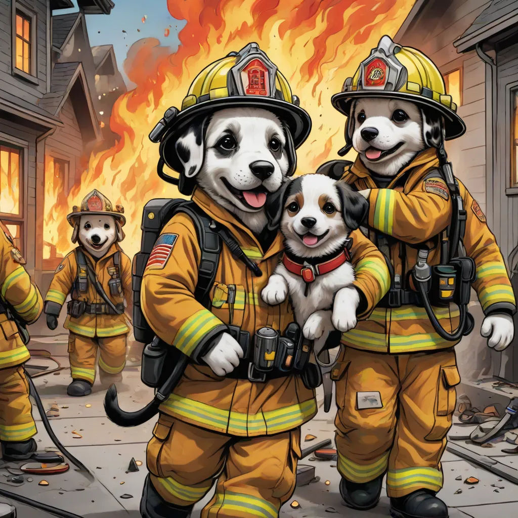a group of fire fighters with a dog in front of a fire scene with a fire truck and firemen, furry art, a comic book panel, Chris LaBrooy, highly detailed digital art