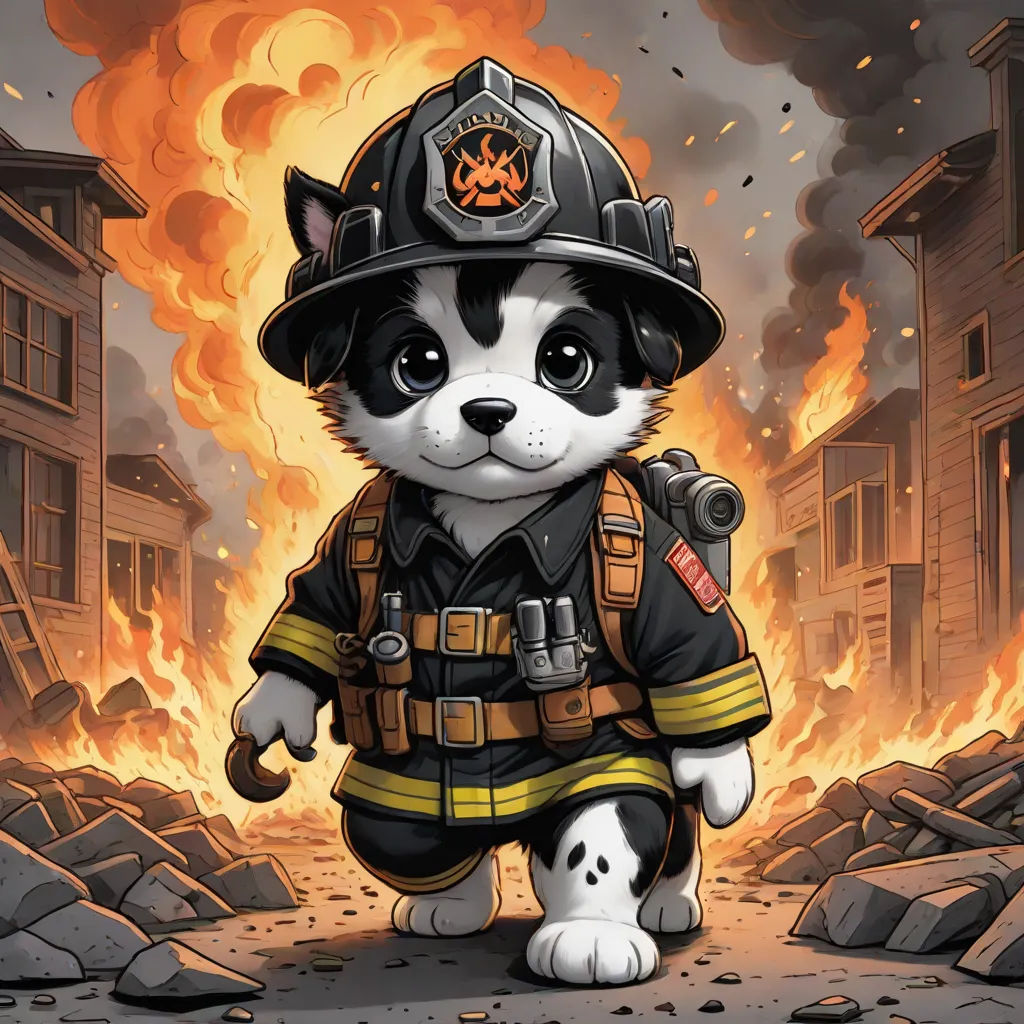 a cartoon cat dressed in a fireman's uniform and a fire hydrant helmet standing in front of a fire, furry art, a comic book panel, Chris LaBrooy, trending on furaffinity