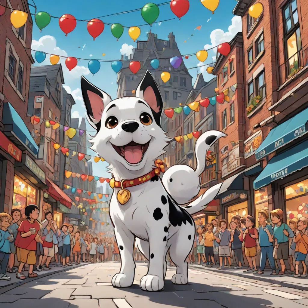 a cartoon dog is standing in the middle of a street with people in the background and balloons strung above, furry art, concept art, Chang Dai-chien, official art
