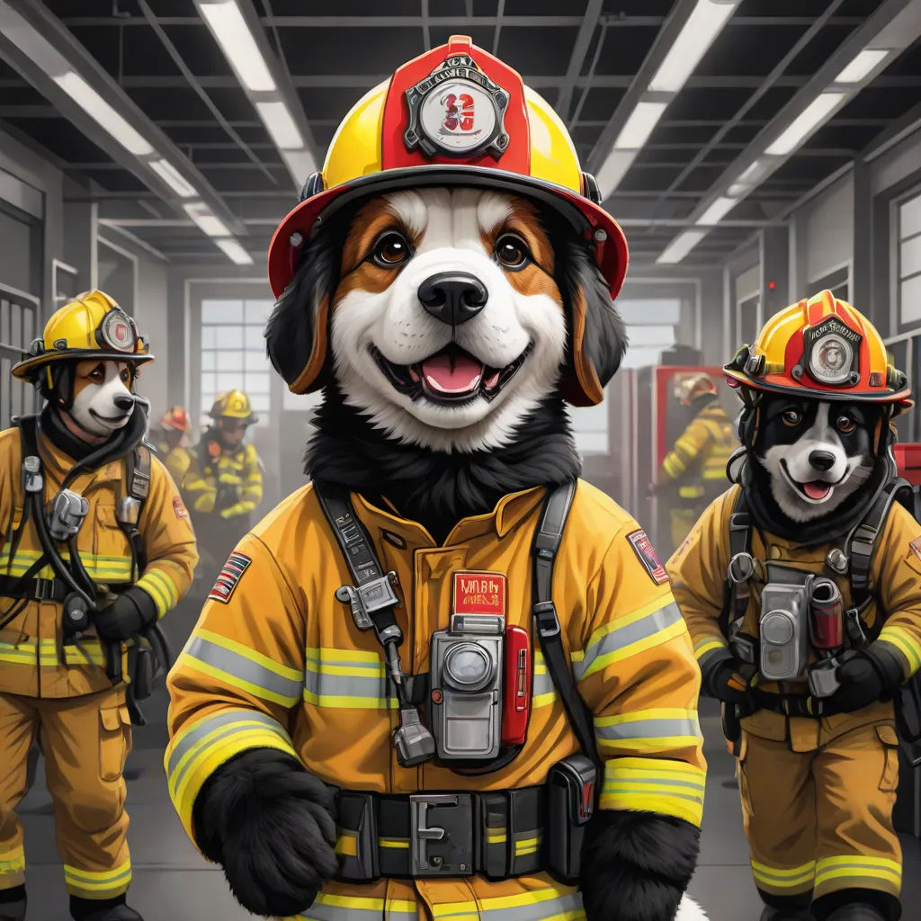 a dog dressed in fire fighter gear standing in a fire station with other dogs in the background wearing fire fighter gear, furry art, a digital rendering, Chris LaBrooy, trending on furaffinity