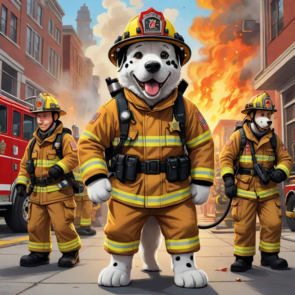 a fire dog is standing in front of a fire truck and firemen in uniform with fire hoses, furry art, a comic book panel, Chris LaBrooy, trending on furaffinity