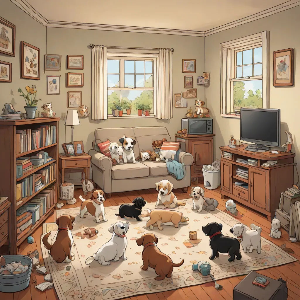 a living room with a lot of dogs on the floor and a tv on the wall and a couch, furry art, a storybook illustration, Chris LaBrooy, highly detailed digital painting