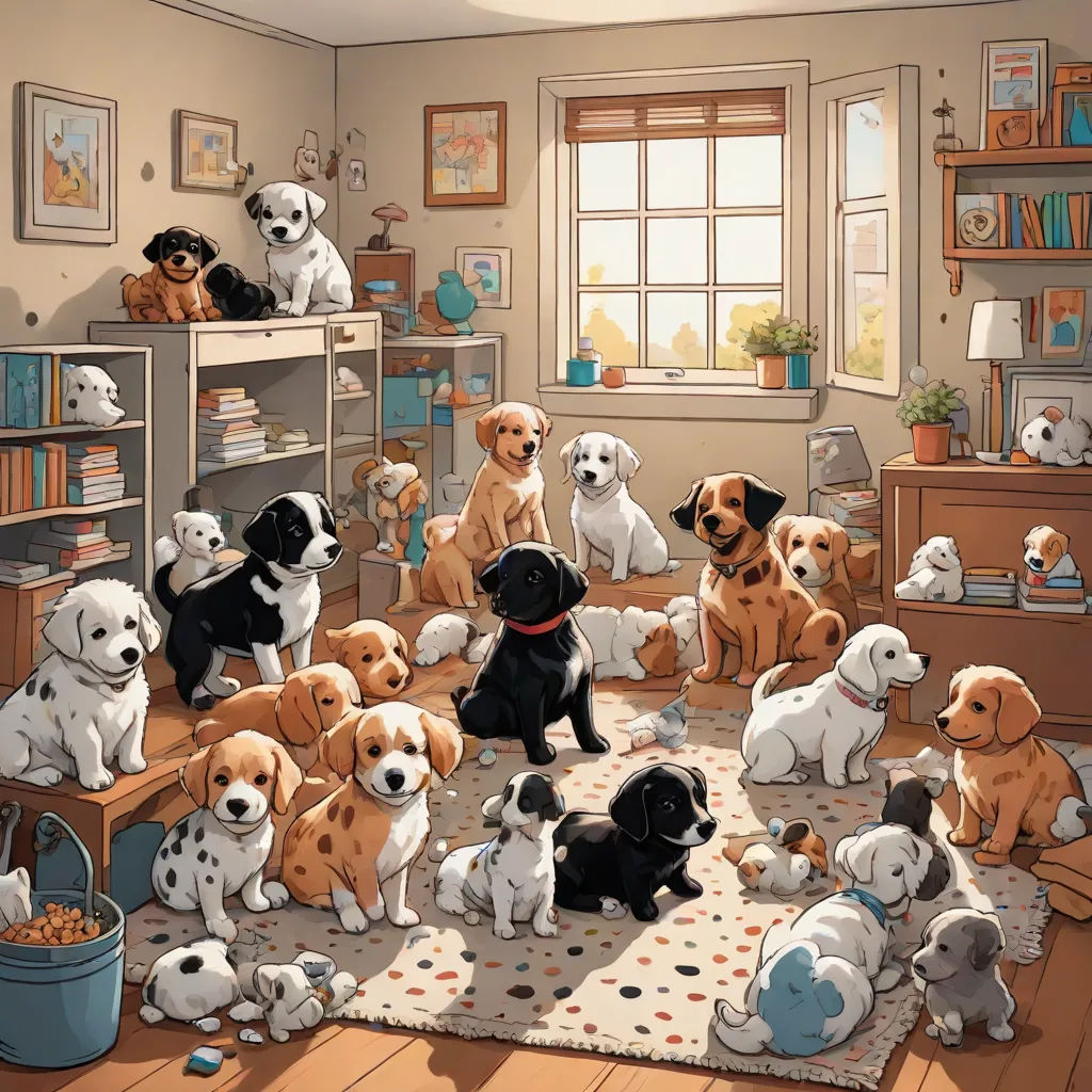 a group of dogs sitting on a rug in a room with a window and a rug on the floor, furry art, a storybook illustration, Chris LaBrooy, furaffinity