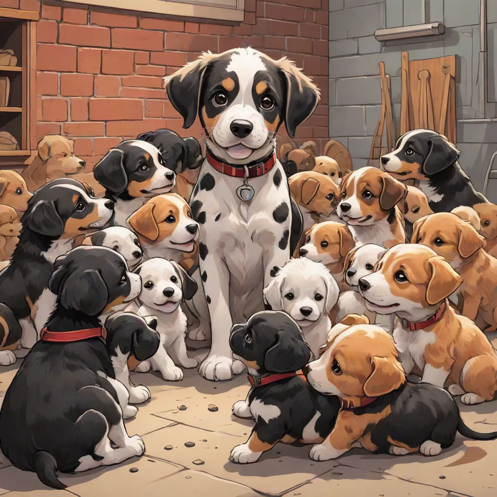 a dog surrounded by puppies in a room with a brick wall and a fireplace in the background,, furry art, a storybook illustration, Brothers Hildebrandt, kinkade
