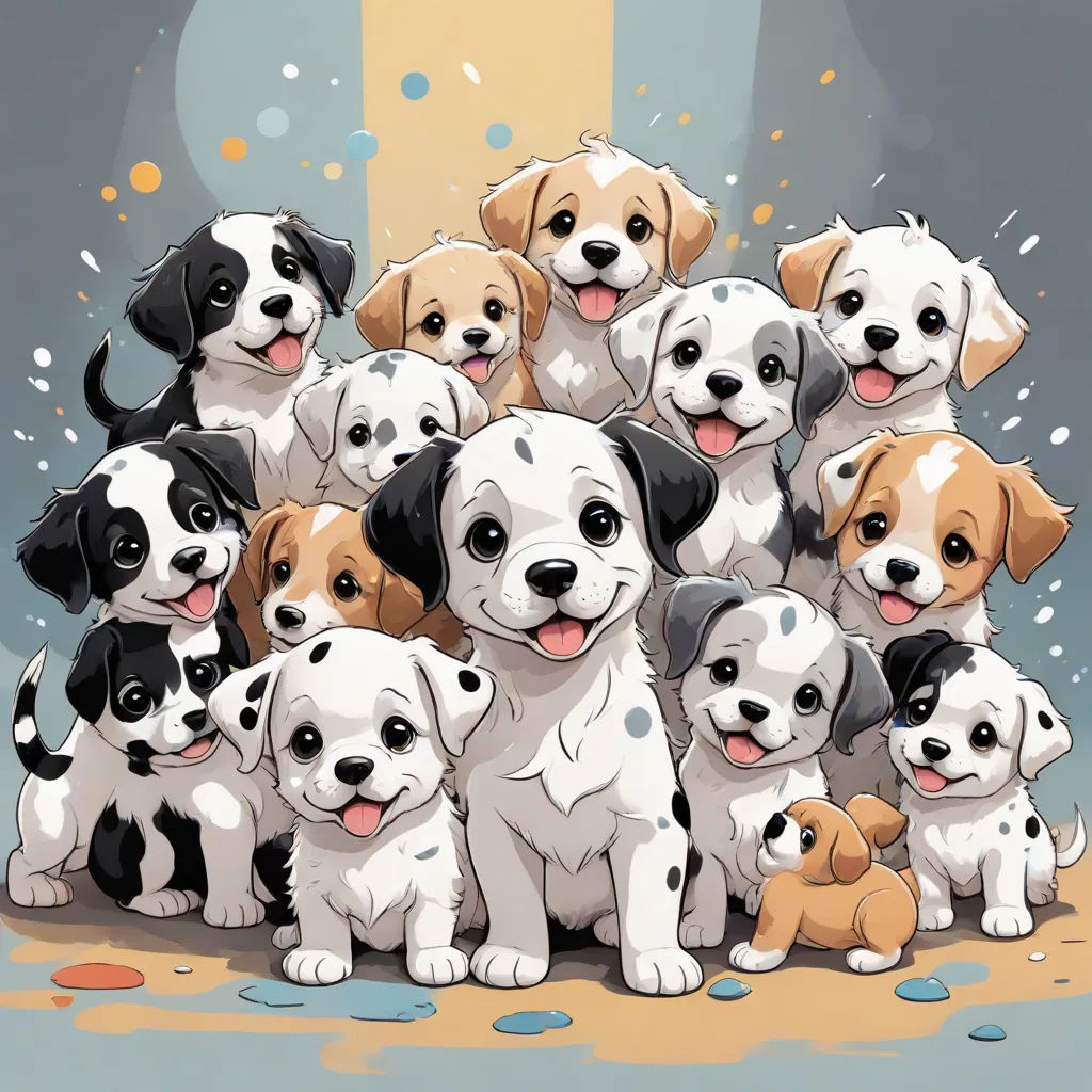 a group of puppies sitting next to each other on a floor with a yellow background and a black and white dog, furry art, a detailed drawing, Cyril Rolando, cute and funny