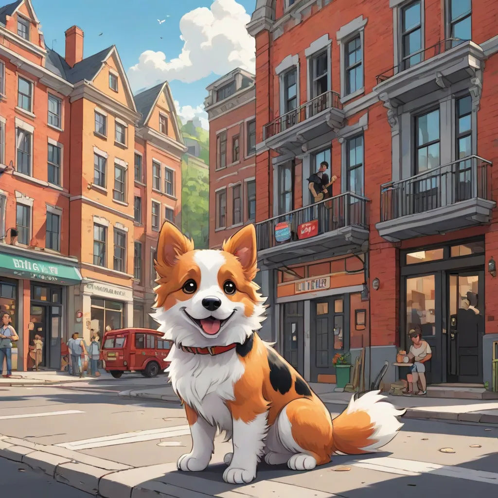 a dog sitting on the side of a road next to a building and a person walking by it on a sidewalk, american scene painting, a detailed painting, Chris LaBrooy, official art
