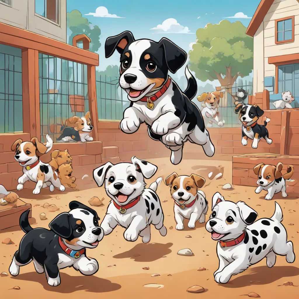 a group of dogs running around a yard with a dog house in the background and a dog jumping up into the air, sots art, a storybook illustration, Allan Brooks, key art