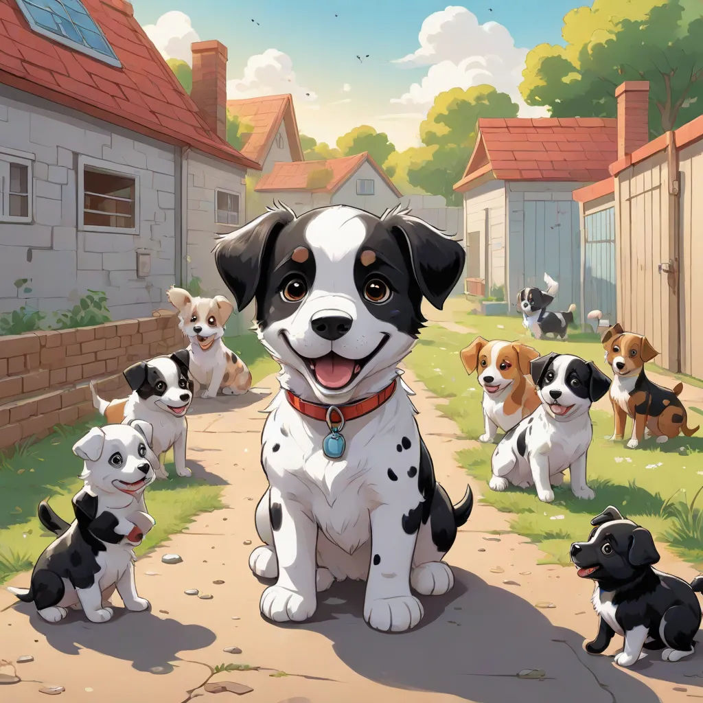 a group of dogs sitting on a sidewalk next to a house and a dog house with a dog on it, furry art, a storybook illustration, Allan Brooks, kinkade