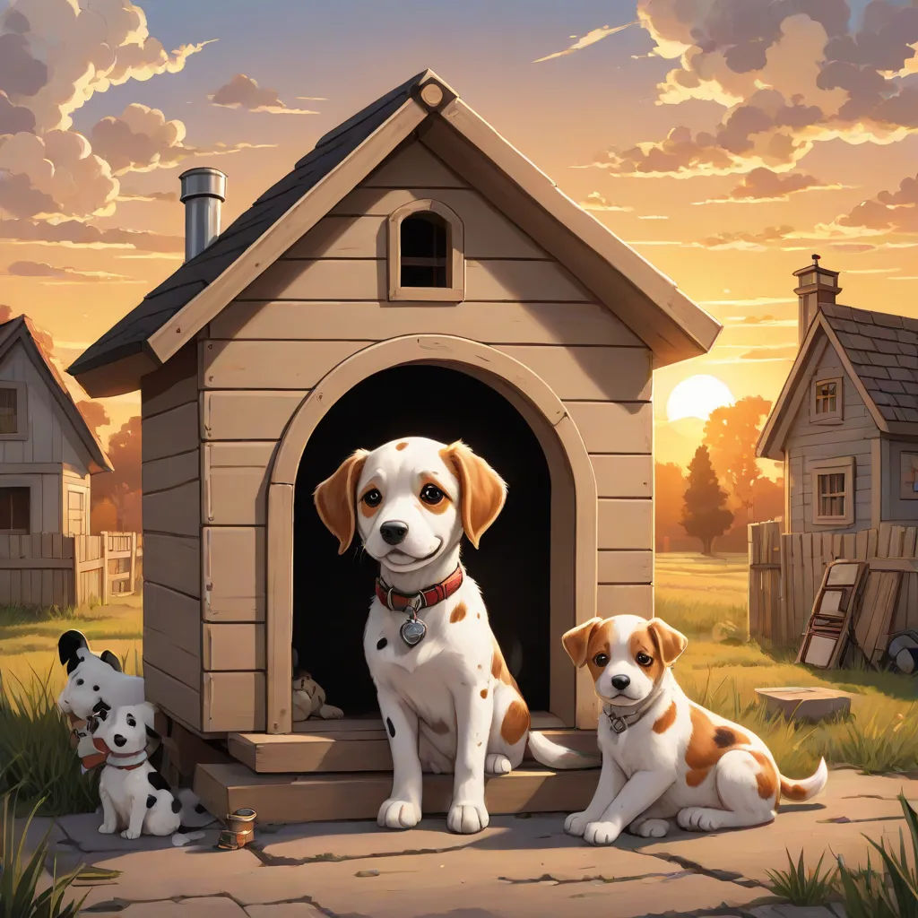 a couple of dogs sitting in front of a dog house with a dog on the ground next to them, american scene painting, a storybook illustration, Chris LaBrooy, kinkade