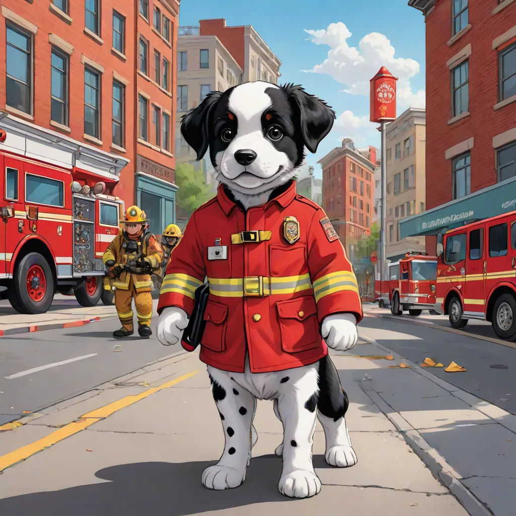 a dog dressed in a fireman's uniform standing on a city street with fire trucks in the background, furry art, a digital rendering, Chris LaBrooy, official art