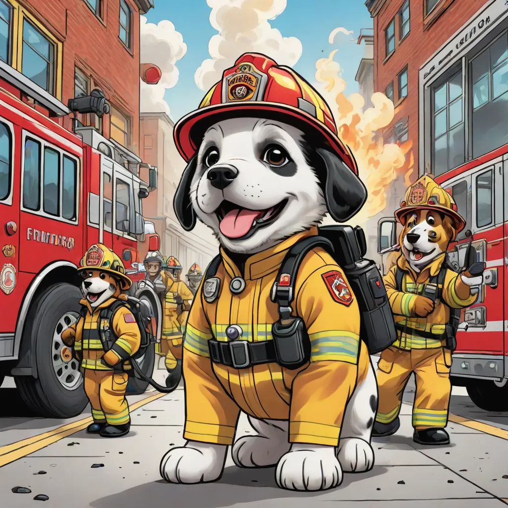 a dog dressed as a firefighter standing in front of a fire truck with a fireman's dog, furry art, a comic book panel, Chris LaBrooy, official art