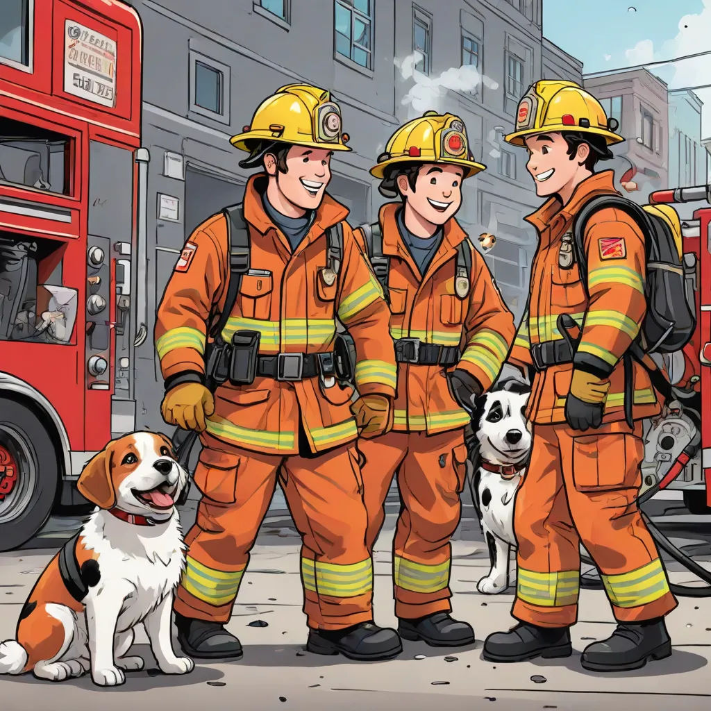 three firemen standing next to a dog on a street with a fire truck in the background and a fire truck in the foreground, furry art, a comic book panel, Brothers Hildebrandt, official art
