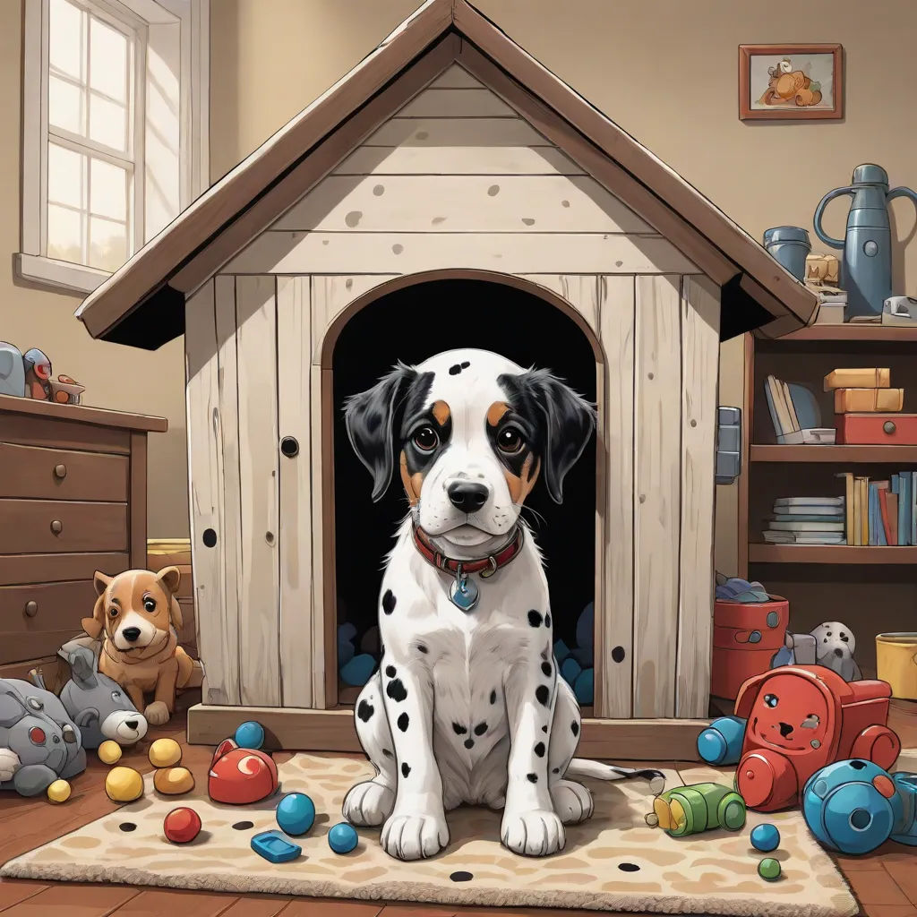 a dog sitting in a dog house with toys around it and a dog in the background looking at the camera, american scene painting, a storybook illustration, F Scott Hess, highly detailed digital painting