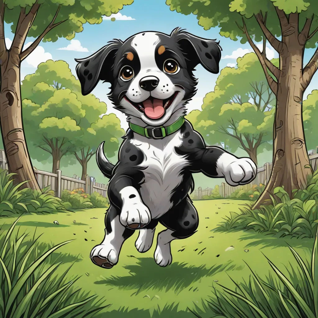 a dog is running through the grass in the woods with trees in the background and a fence in the foreground, lyco art, a storybook illustration, David Brewster, game art