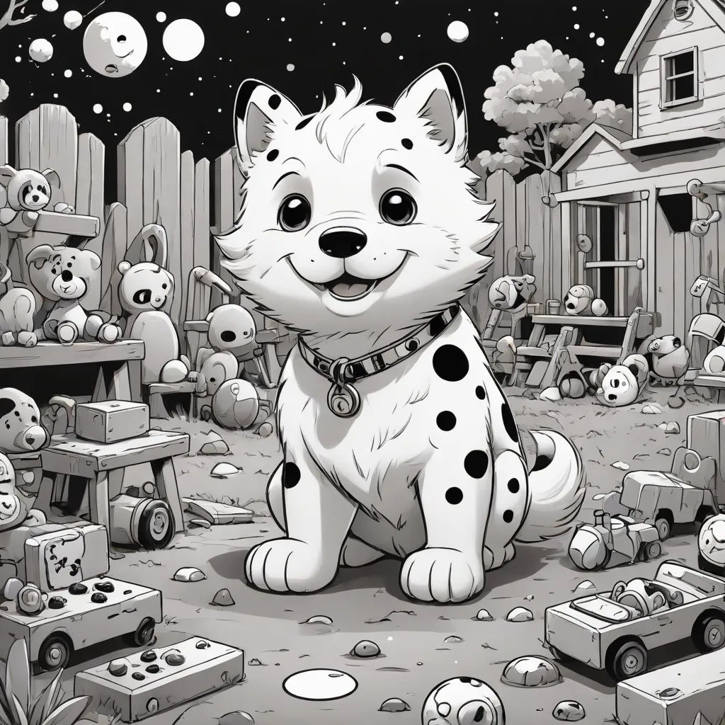 a cartoon dog sitting in the middle of a yard with toys around it and a house in the background, sots art, a storybook illustration, Chris LaBrooy, highly detailed digital art