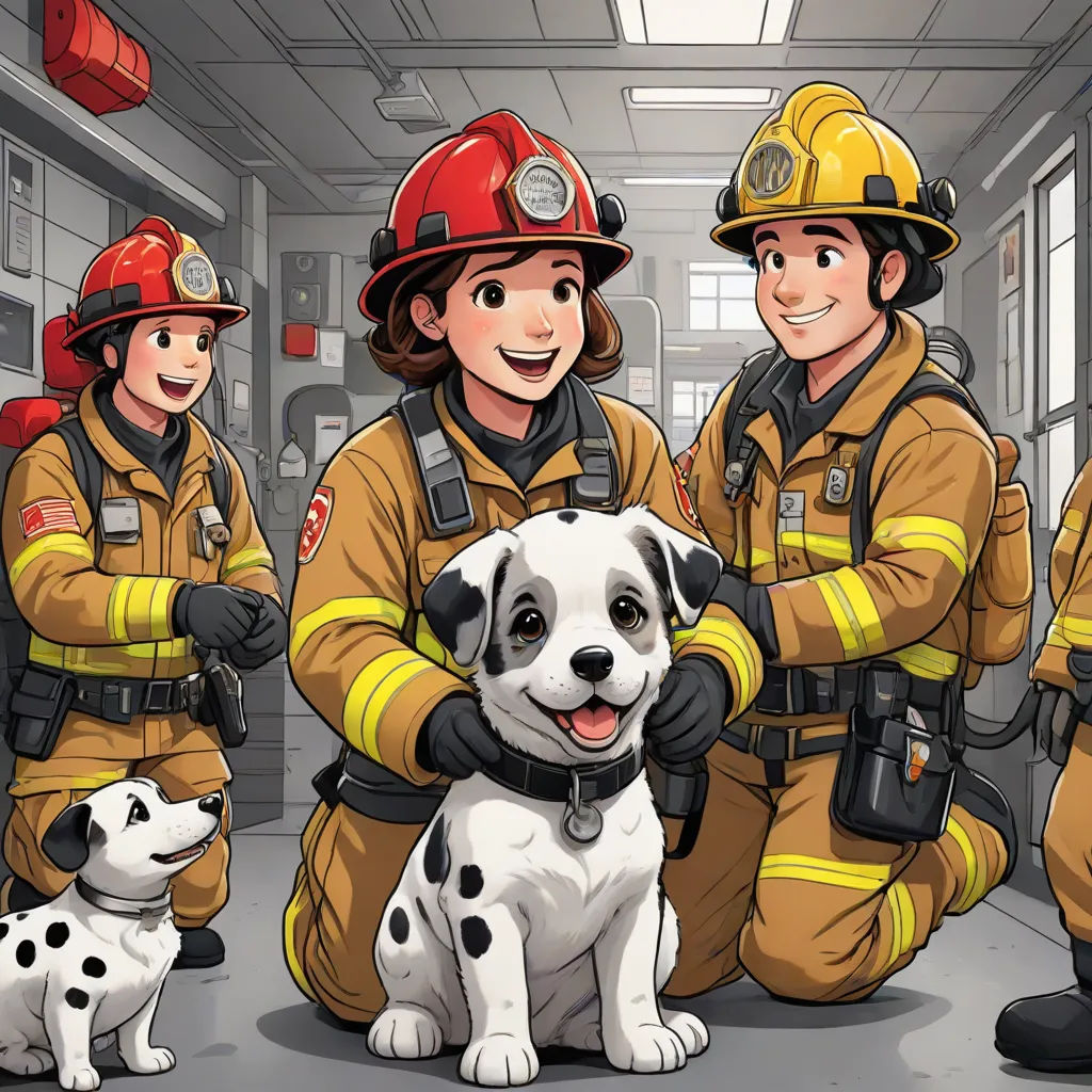 a group of firemen standing next to a dog in a hallway with a fireman in the background, furry art, a comic book panel, Diego Gisbert Llorens, official art