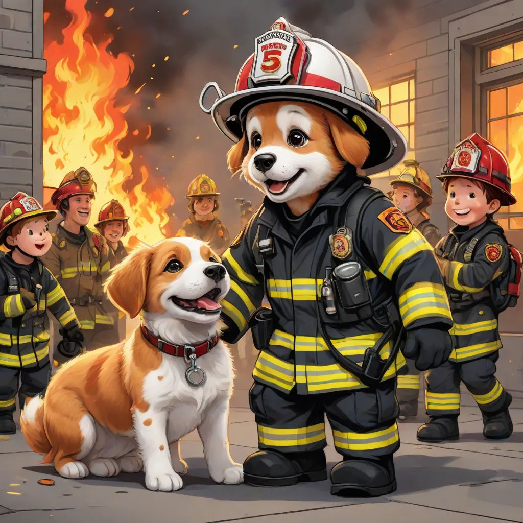 a dog is standing next to a fireman and a fireman's dog is standing in front of a fire, furry art, a storybook illustration, Bob Byerley, official art