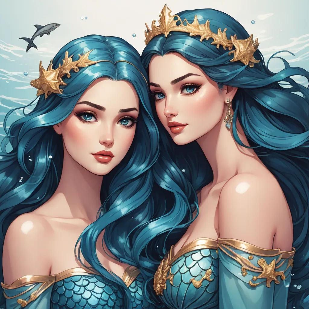two beautiful women with blue hair and gold crowns on their heads, under the water, under a blue sky, fantasy art, a detailed drawing, Charlie Bowater, trending on art station
