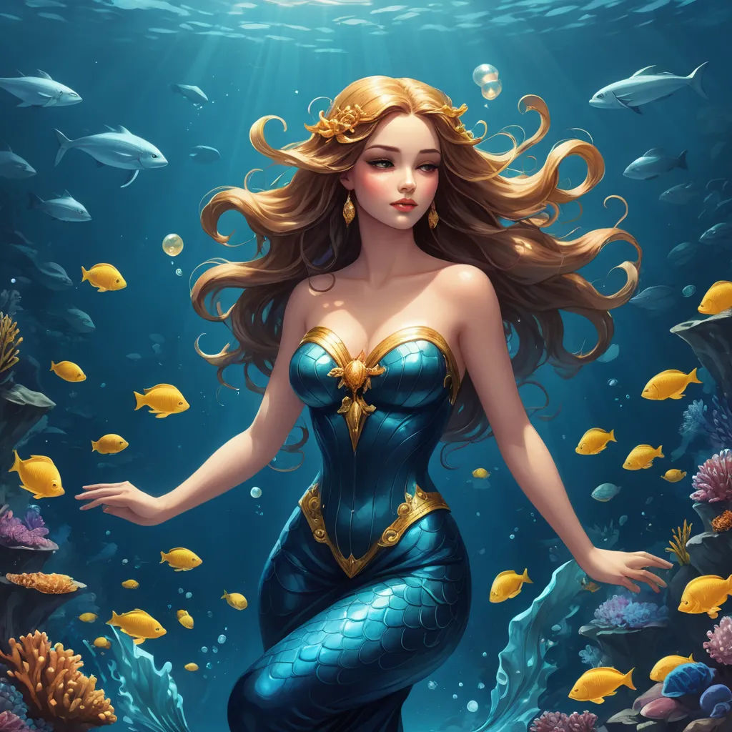 a beautiful mermaid with long hair standing in the water with fish around her neck and a gold crown on her head, fantasy art, a detailed painting, Charlie Bowater, league of legends splash art
