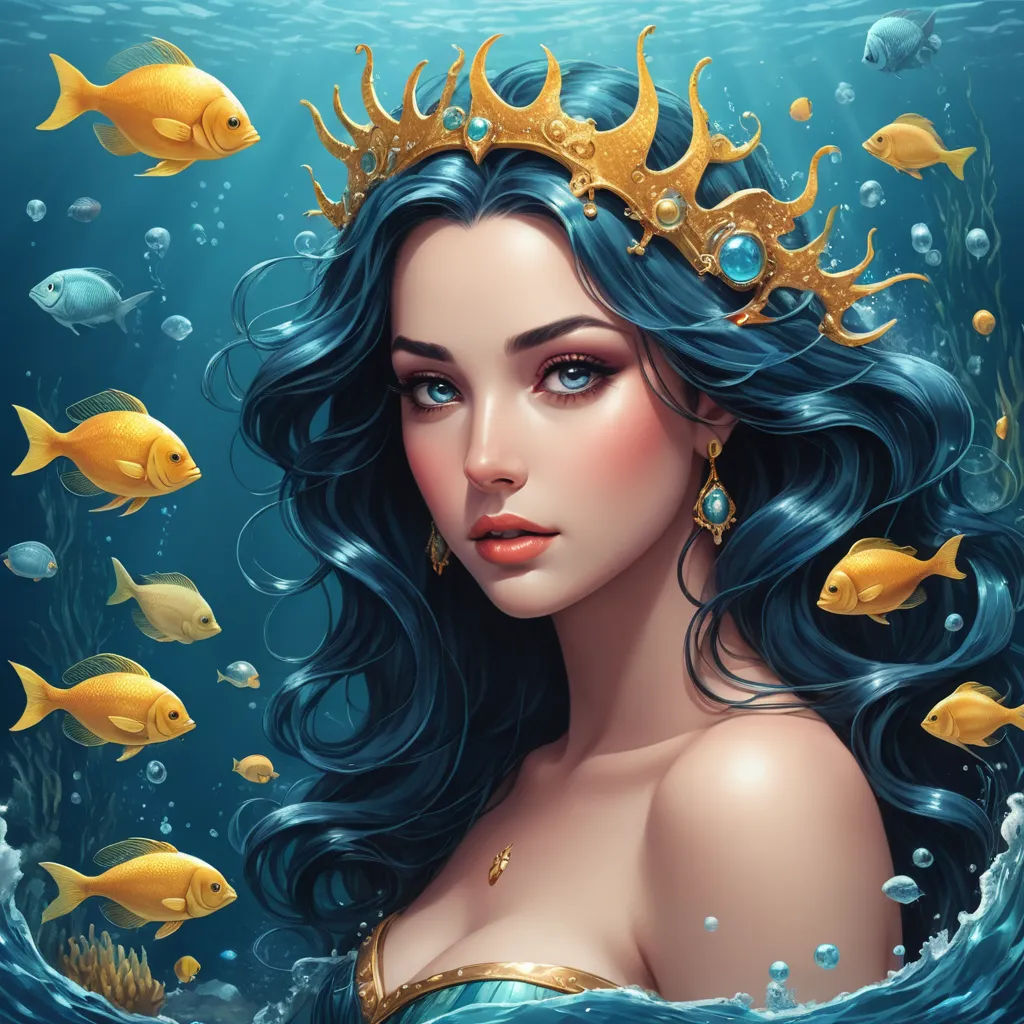 a beautiful woman with blue hair and a crown on her head under the water with fish around her head, fantasy art, a detailed painting, Charlie Bowater, highly detailed digital painting