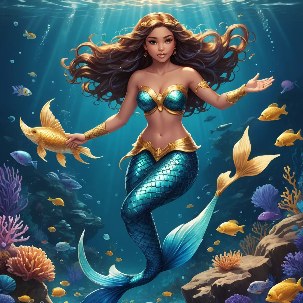 a mermaid with long hair and a gold fish tail is standing in the water with her arms out and her hands out, fantasy art, a digital painting, Artgerm, rossdraws global illumination