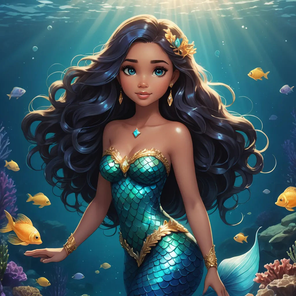 a beautiful mermaid with long hair and a crown on her head standing in the water with fish around her, fantasy art, a digital painting, Artgerm, kinkade