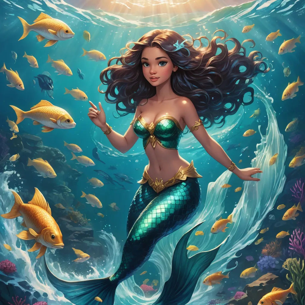 a mermaid with long hair and a fish tail in the water with goldfishs around her and a sun above her, fantasy art, a digital painting, Artgerm, kinkade