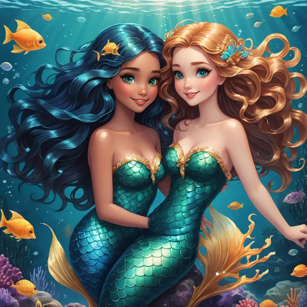two mermaids are hugging under the water with fish around them, and one is wearing a green dress, fantasy art, a detailed painting, Artgerm, highly detailed digital painting