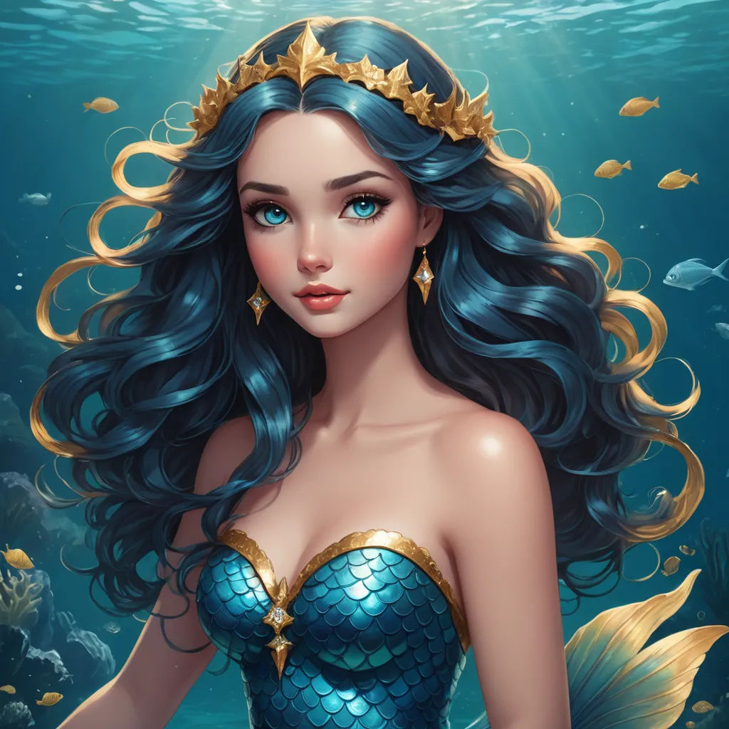 a beautiful mermaid with blue hair and gold jewelry under the water with fish around her neck and under the water surface, fantasy art, a detailed painting, Artgerm, highly detailed digital painting