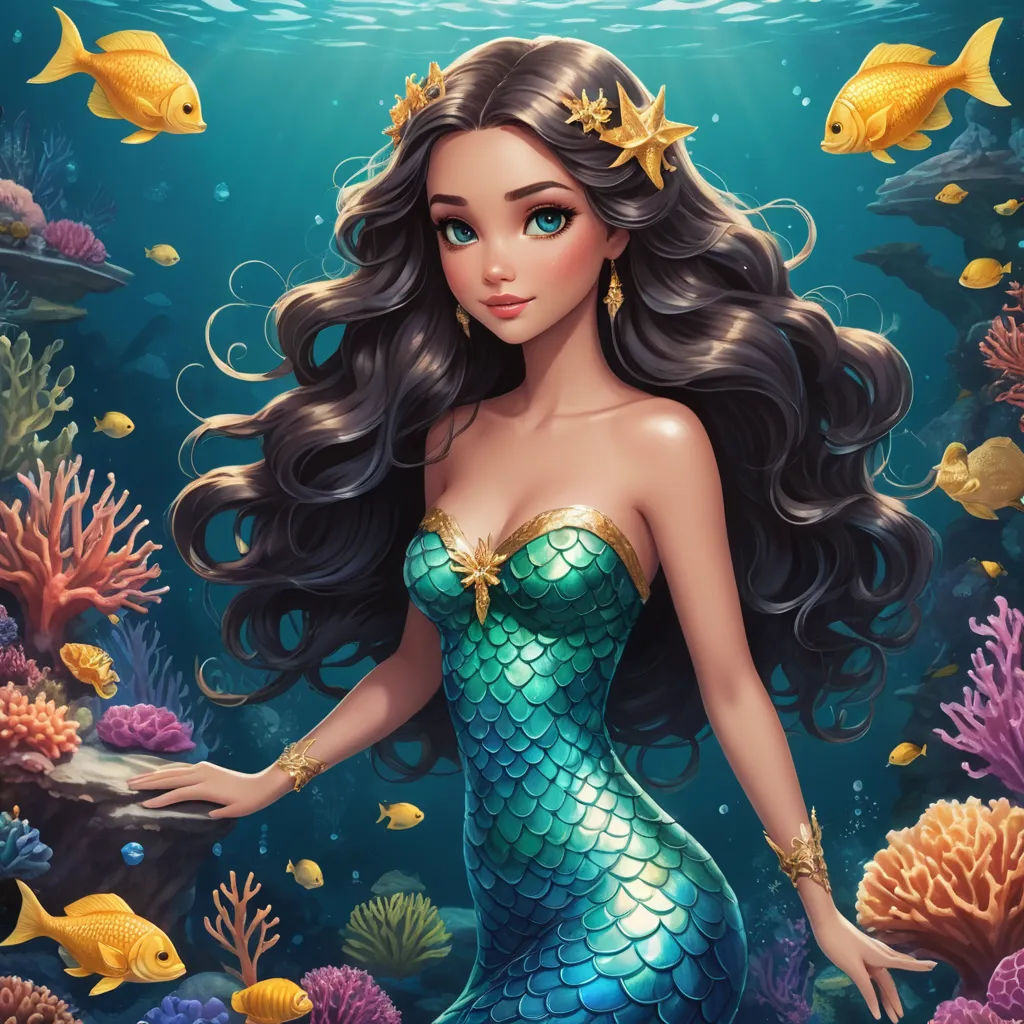 a beautiful mermaid with long hair and a crown on her head standing in the water surrounded by fish and corals, fantasy art, a detailed painting, Anne Stokes, kinkade