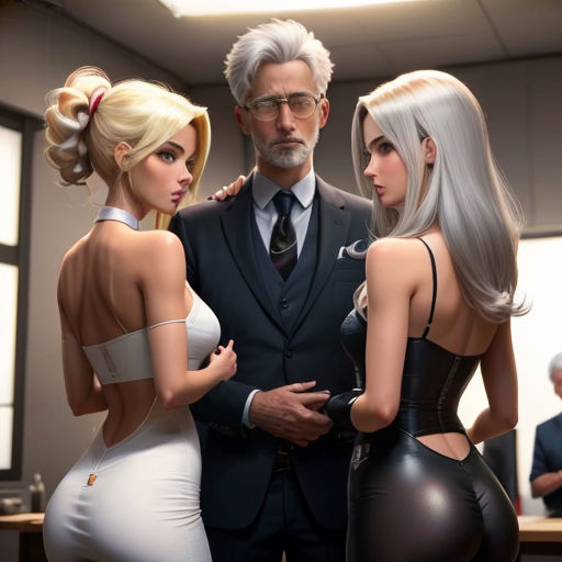 a man and two women standing next to each other in a room with a man in a suit and tie