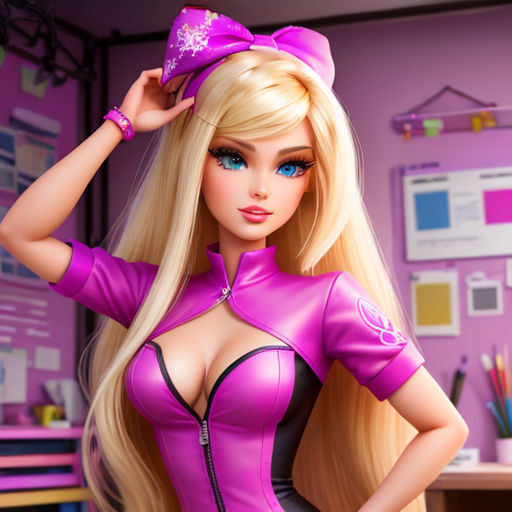 a barbie doll with a pink outfit and a pink hat on her head and a pink dress on her body