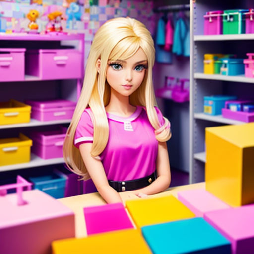 a barbie doll is standing in a room with many boxes and bins of toys on the shelves and a shelf with a teddy