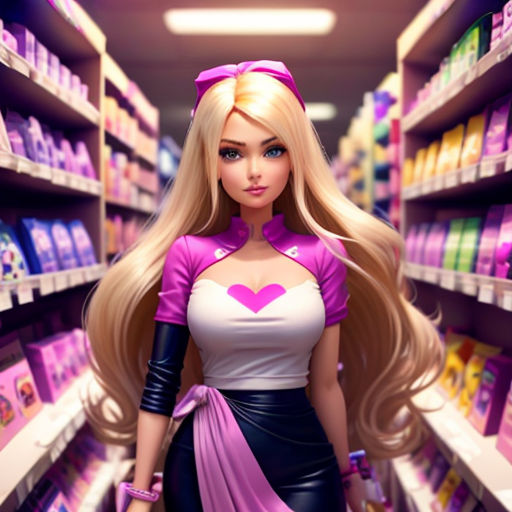 a cartoon character is standing in a store aisle with a pink and white dress on and a pink and white top