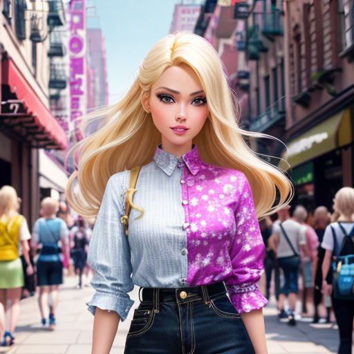 a barbie doll is walking down a city street with a handbag on her shoulder and a handbag on her hip