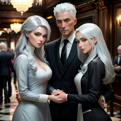 a couple of people standing next to each other in a room with a chandelier and a chandelier