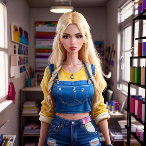 a barbie doll is standing in a room with a lot of craft supplies on the shelves and a shelf