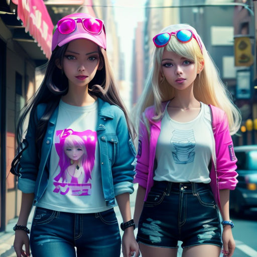 two young women walking down a street next to each other wearing pink hats and sunglasses on their heads and one wearing a pink hat
