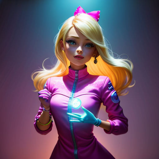 a woman in a pink dress holding a light up item in her hand and a blue light shining on her face