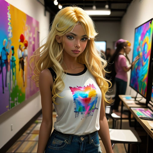 a woman standing in front of a display of art on a wall in a room with tables and chairs