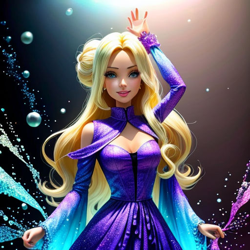 a cartoon character dressed in a purple dress and holding a wand in her hand with bubbles around her and a blue dress with a purple bow