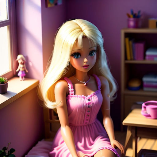 a doll sitting on a bed in a room with a window and a table with a potted plant