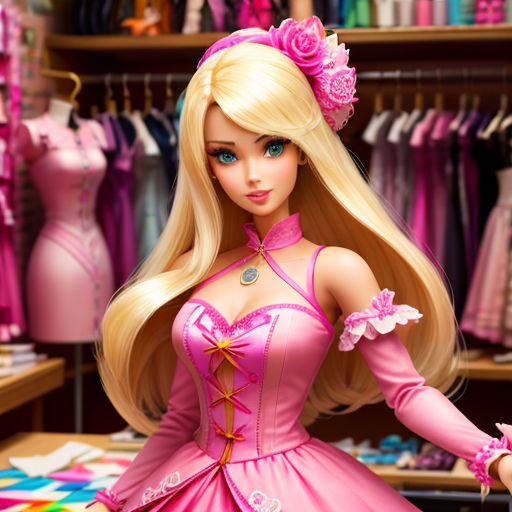 a barbie doll is standing in a pink dress in a store with a lot of dresses on display behind her