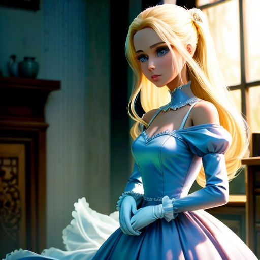 a doll dressed in a blue dress and white gloves is standing in a room with a window and a table