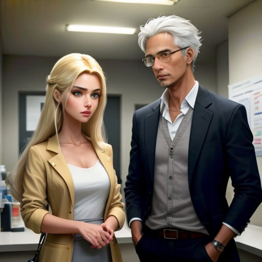 a man and a woman standing next to each other in an office setting with a man in a suit