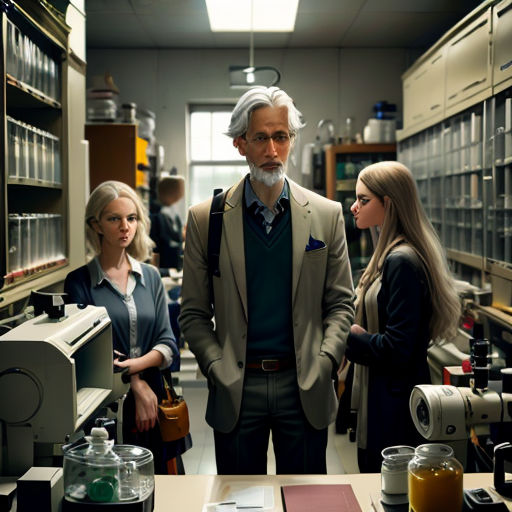 a man standing in a lab with two women looking at him and a man standing in the background looking at a woman