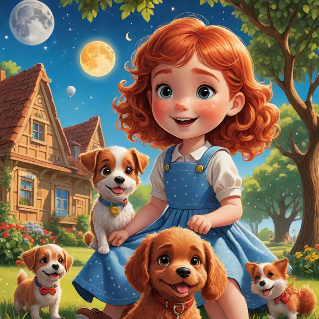 a little girl with three dogs in front of a house and full moon in the sky above her is a full moon, pop surrealism, a storybook illustration, Caroline Lucy Scott, kinkade