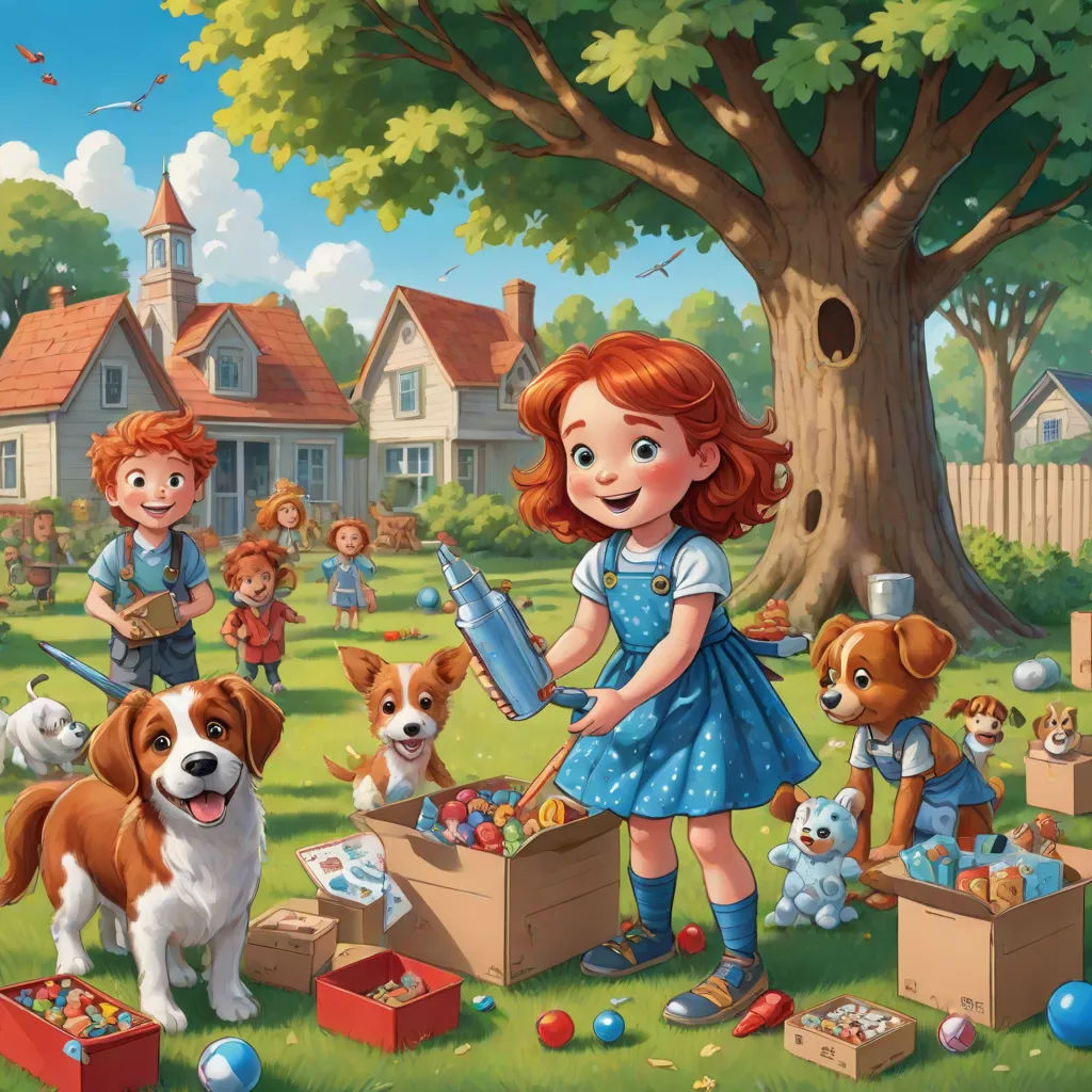 a painting of a girl with a saw and some dogs in a yard with a house and a tree, american scene painting, a storybook illustration, Bob Byerley, kinkade