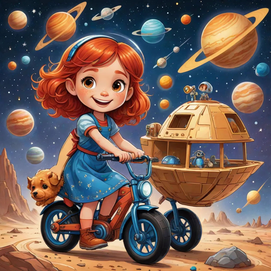 a girl riding a bike with a dog in front of a space station and planets on the background of a solar system, space art, a storybook illustration, Aaron Jasinski, comic cover art