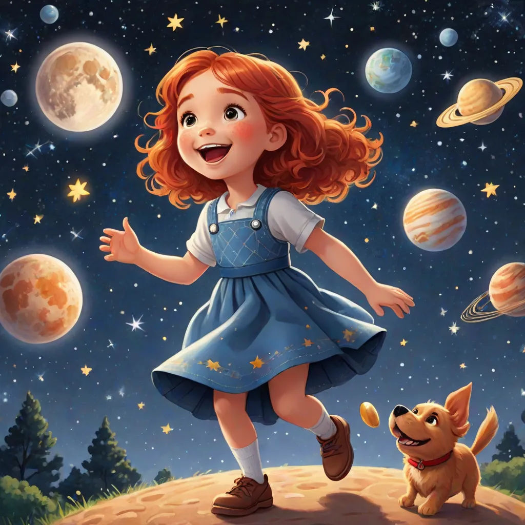 a little girl is running with a dog in the space with planets and stars in the background illustration by alex krapf, space art, a storybook illustration, Aaron Jasinski, comic cover art